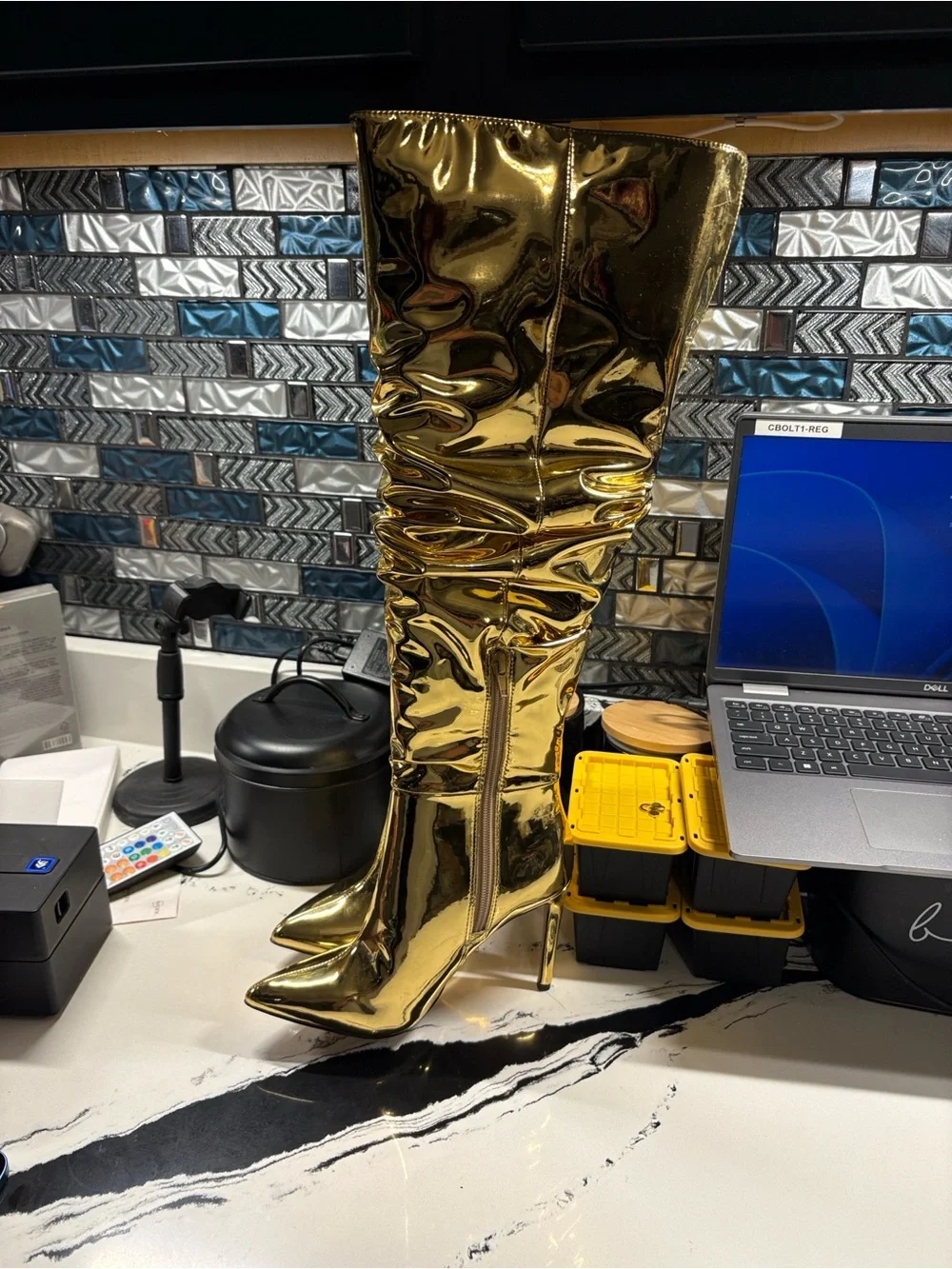 INC International Concepts Shiny Gold Over-the-Knee Ruched Stiletto Boots
